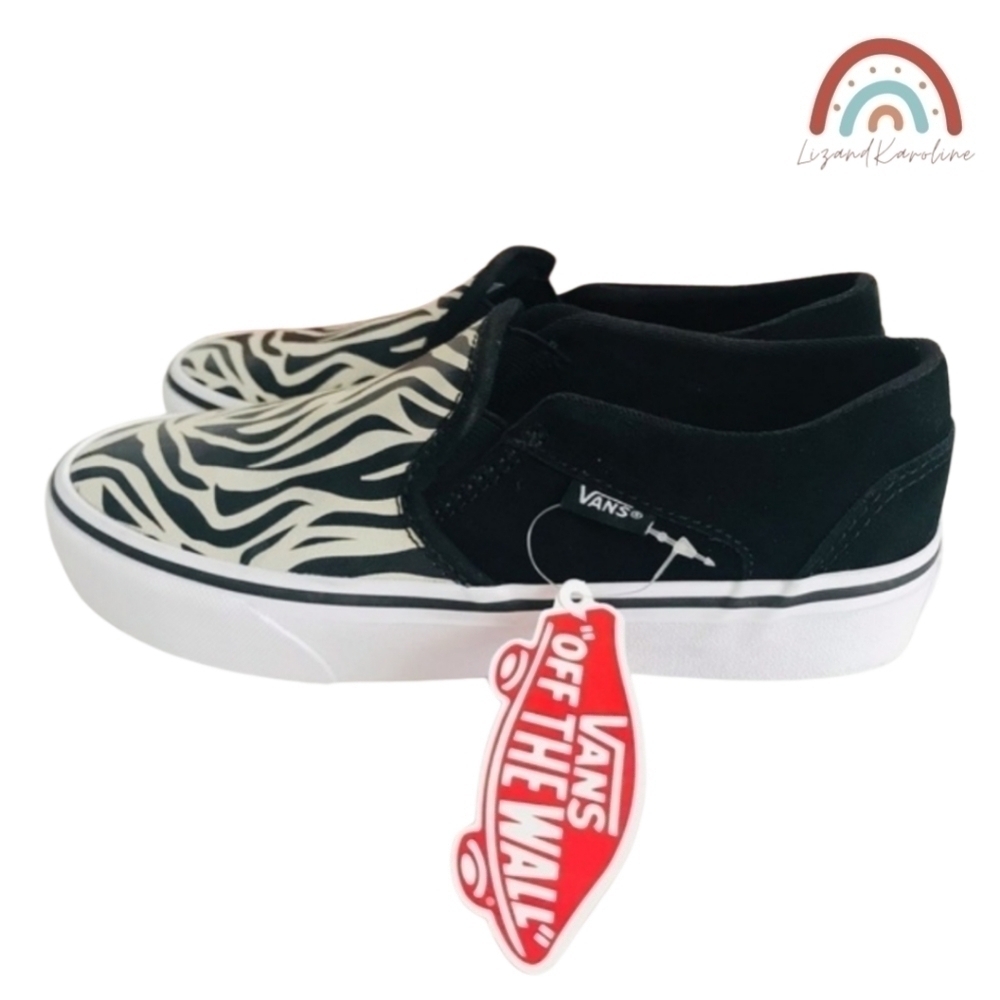 New! Vans Asher Suede Metallic Zebra Print Black Slip On Skate Shoes Sneakers